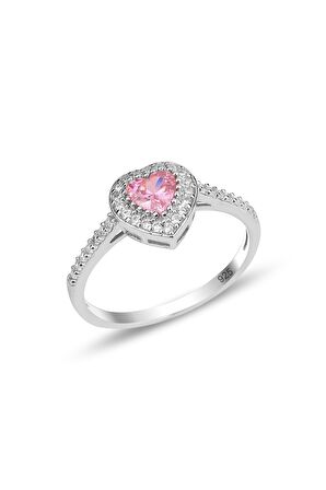 Gümüş Rodyumlu Pırlanta Modeli Pembe Taşlı Kalp Yüzük