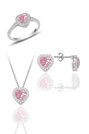 Gümüş rodyumlu pembe taşlı pırlanta montürlü kalp üçlü set