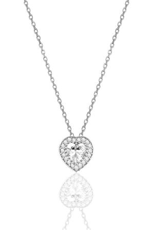 Gümüş rodyumlu zirkon taşlı kalp kolye küpe ve yüzük üçlü set