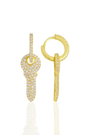 Gümüş altın yaldızlı zirkon taşlı anahtar küpe