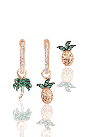 Gümüş rose zirkon taşlı tropikal kombin üçlü küpe seti