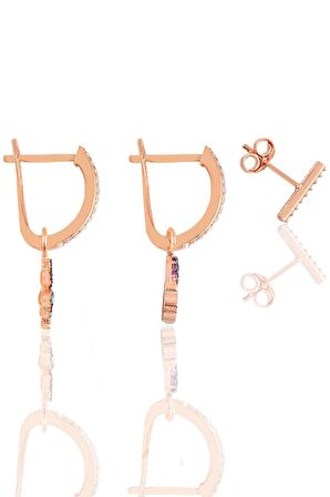 Gümüş rose zirkon taşlı yonca, gök kuşağı kombin üçlü küpe seti