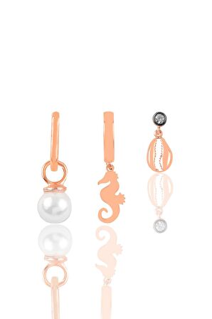 Gümüş rose incili deniz temalı kombin üçlü küpe seti