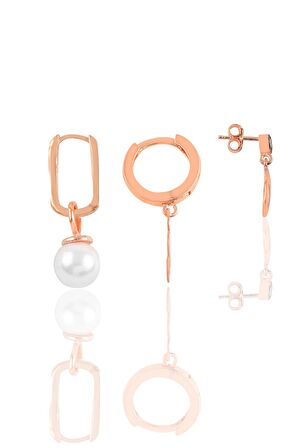 Gümüş rose incili deniz temalı kombin üçlü küpe seti