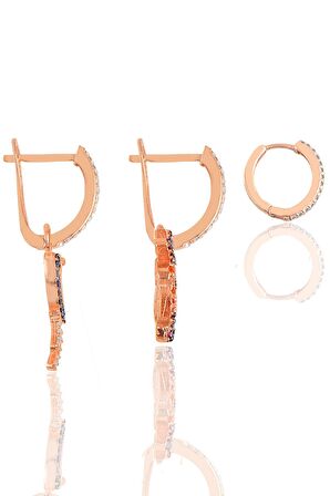 Gümüş rose renkli taşlı palmiye,papağan kombin üçlü küpe seti