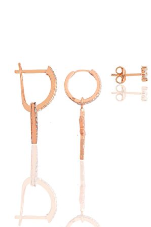 Gümüş rose zirkon taşlı kombin üçlü küpe seti