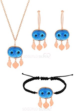 Gümüş rose süryani nazar boncuğu kolye küpe ve bileklik üçlü set