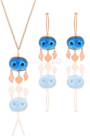 Gümüş rose süryani nazar boncuğu kolye ve küpe ikili set