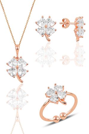 Gümüş rose zirkon taşlı yonca kolye küpe ve yüzük üçlü set