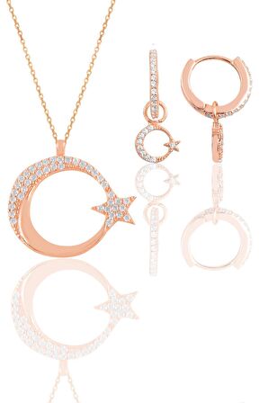 Gümüş rose zirkon taşlı ay yıldız kolye ve küpe ikili set