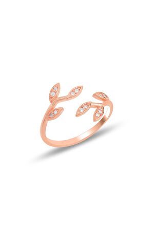 Gümüş rose zirkon taşlı üstten ayarlamalı yaprak yüzük
