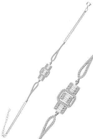 Gümüş rodyumlu zirkon baget taşlı bileklik.