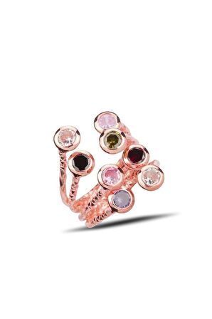 Gümüş rose renkli taşlı üstten ayarlamalı yüzük