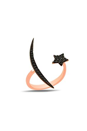 Gümüş rose siyah taşlı üstten ayarlamalı ay yıldız yüzük