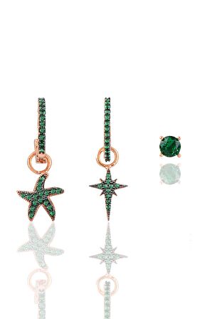 Gümüş rose yeşil taşlı kutup ve deniz yıldızı Kombin Üçlü Küpe Seti