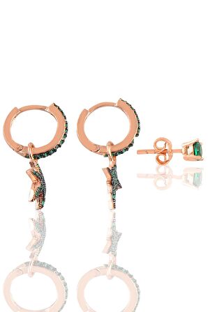 Gümüş rose yeşil taşlı kutup ve deniz yıldızı Kombin Üçlü Küpe Seti