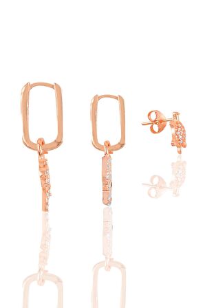 Gümüş rose zirkon taşlı  Kombin Üçlü Küpe Seti
