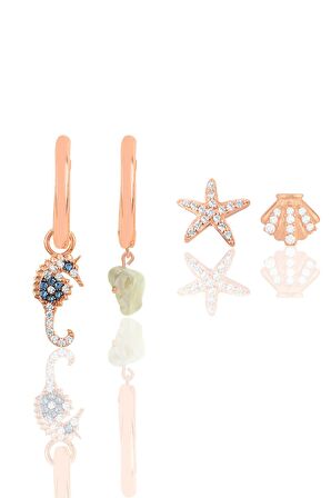 Gümüş rose zirkon taşlı okyanus kombin dörtlü küpe seti