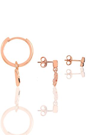 Gümüş rose siyah taşlı  kombin üçlü küpe seti