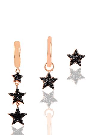 Gümüş rose siyah taşlı  yıldızlar kombin üçlü küpe seti