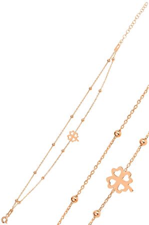 Gümüş rose top top çift zincirli yonca bileklik