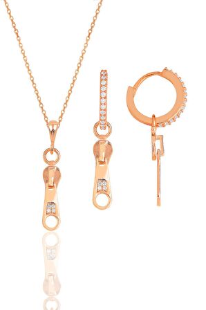Gümüş rose zirkon taşlı fermuar kolye ve küpe ikili set