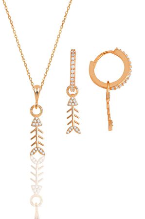 Gümüş rose zirkon taşlı balık kılçığı modeli kolye ve küpe ikili set