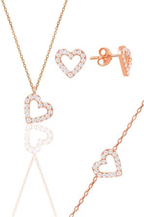 Gümüş rose zirkon taşlı kalp kolye,bileklik ve küpe üçlü set