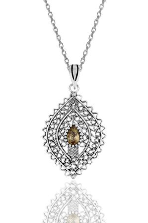 Gümüş zultanit taşlı oksitli telkari işlemeli kolye