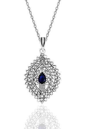 Gümüş safir taşlı oksitli telkari işlemeli kolye SGTL11890LACIVERT