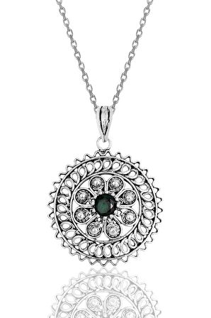 Gümüş yeşil taşlı oksitli telkari işlemeli kolye