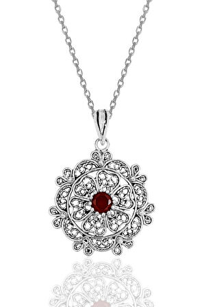 Gümüş kök yakut taşlı oksitli telkari işlemeli kolye  SGTL11894KIRMIZI