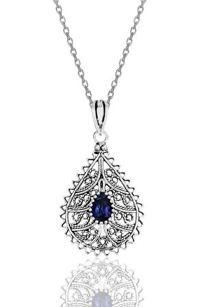 Gümüş safir taşlı oksitli telkari işlemeli kolye