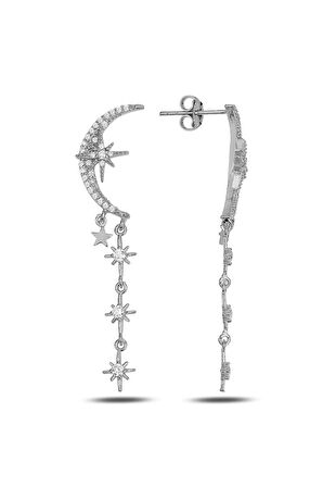 Gümüş rodaj zirkon taşlı tasarım ay , kutup yıldızı sallantılı küpe