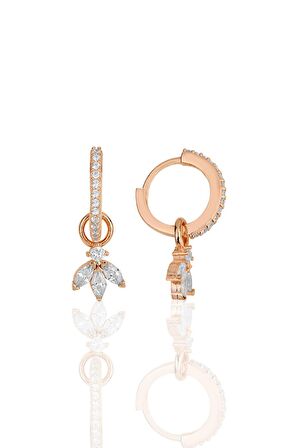 Gümüş rose zirkon üç taşlı lotus çiçeği küpe
