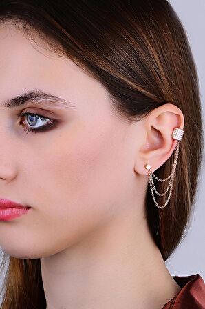 Gümüş rose zirkon taşlı zincirli kıkırdak küpe