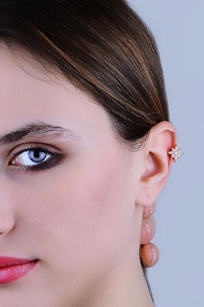 Gümüş rose zirkon taşlı sıkıştırmalı kutup yıldızı kıkırdak küpe ear cuff 