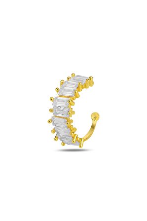 Gümüş altın yaldızlı baget kesim zirkon taşlı sıkıştırmalı kıkırdak küpe ear cuff