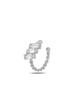 Gümüş rodyumlu baget kesim zirkon 3 taşlı sıkıştırmalı kıkırdak küpe ear cuff