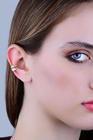 Gümüş rose siyah taşlı yaprak modeli sıkıştırmalı kıkırdak küpe  ear cuff