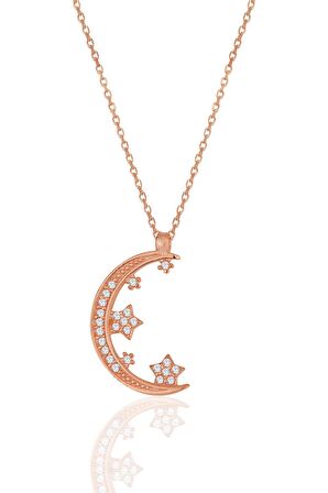 Gümüş rose zirkon taşlı yeni ay ve yıldızlar kolye