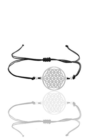 Gümüş  yaşam çiçeği siyah ipli bileklik