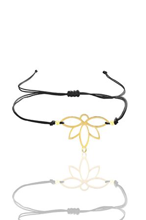 Gümüş altın yaldızlı lotus yaşam çiçeği siyah ipli bileklik