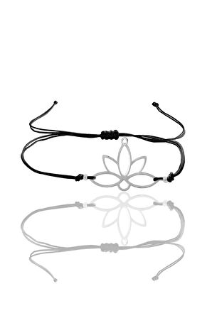 Gümüş lotus yaşam çiçeği siyah ipli bileklik