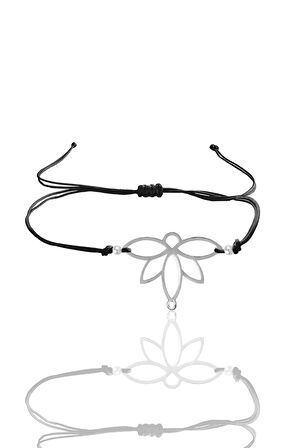 Gümüş lotus yaşam çiçeği siyah ipli bileklik