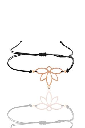 Gümüş lotus rose yaşam çiçeği siyah ipli bileklik