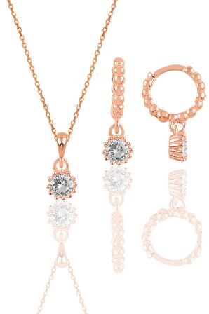 Gümüş rose zirkon taşlı kolye ve küpe ikili set