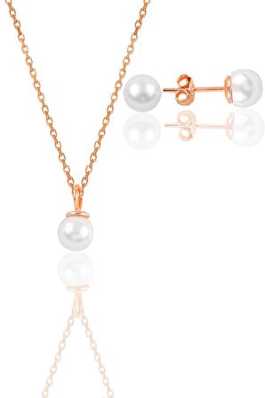 Gümüş rose incili kolye ve küpe  ikili set