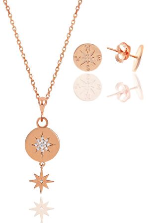 Gümüş rose zirkon taşlı kuzey yıldızı kolye ve küpe ikili set