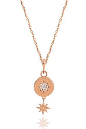 Gümüş rose zirkon taşlı kuzey yıldızı kolye ve küpe ikili set